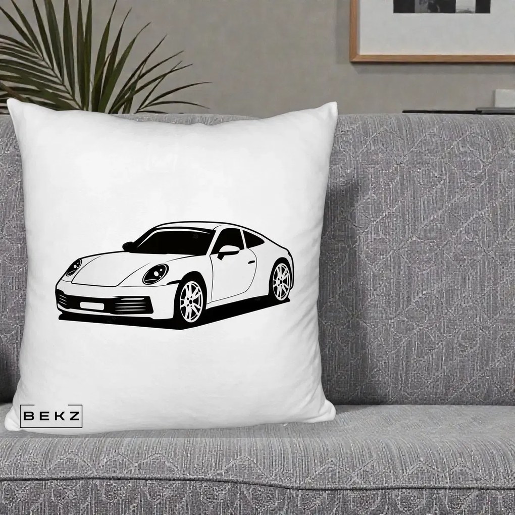 Perna Personalizata Porsche 911 Silueta, 40x40 cm, Alb Pufos, Husa Detasabila, Perna Inclusa, BEKZ®