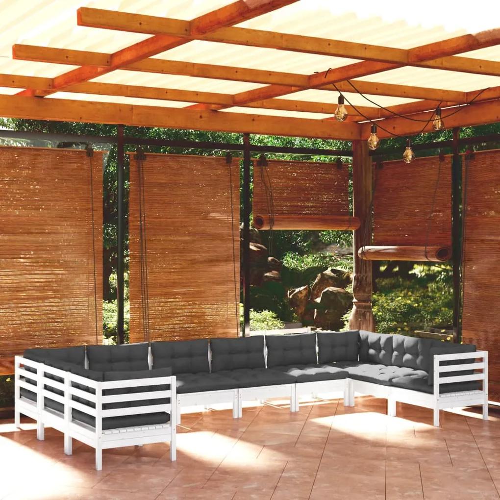3097332 vidaXL Set mobilier de grădină cu perne, 10 piese, alb, lemn masiv pin