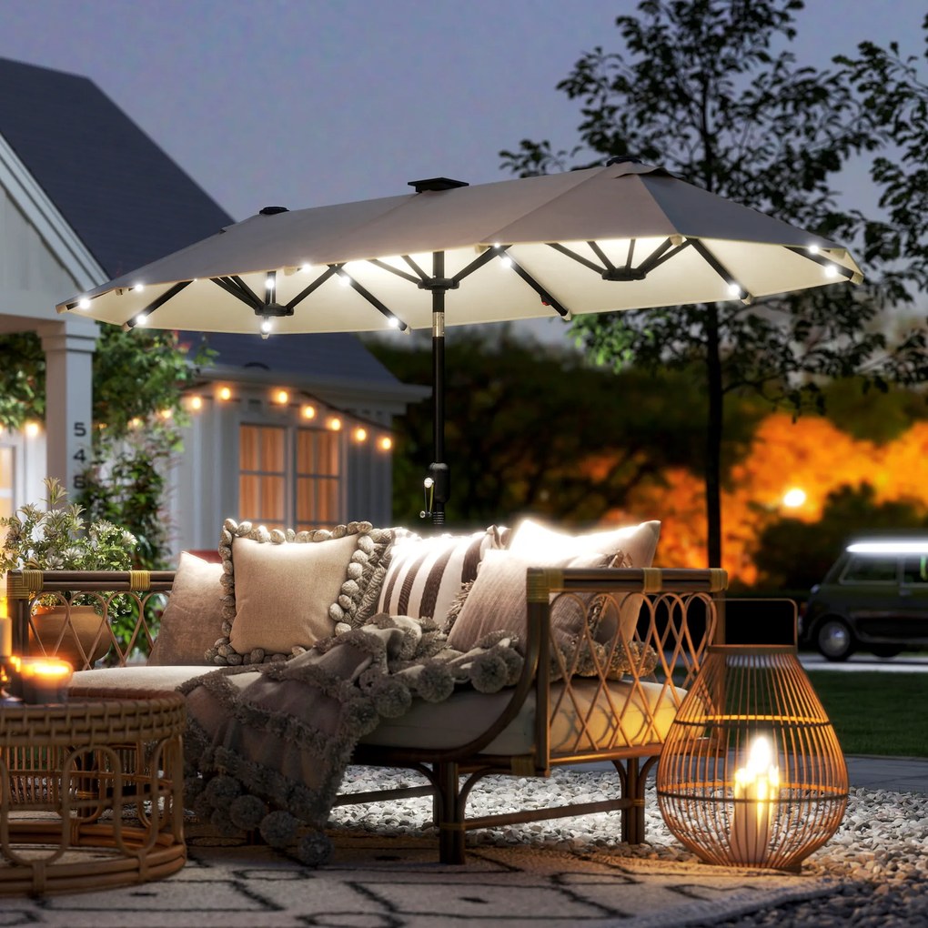 Outsunny Umbrelă dublă, umbrelă terasă, înclinabilă, cu panou solar, 35 LED-uri, cadru din oțel, bej, 2,92 x 1,50 x 2,18 m | Aosom Romania