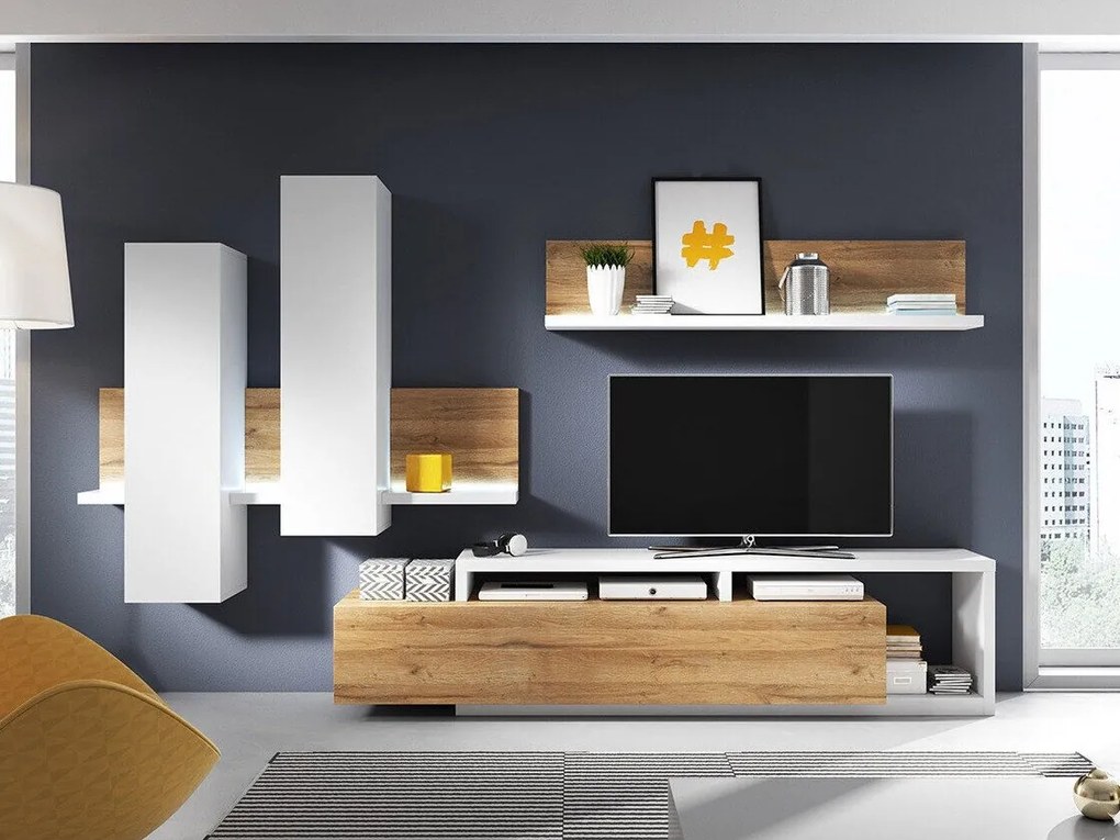 Mobilă pentru sufragerie Austin G100Grandson stejar, Alb, Părți separate, Cu comodă tv, Cu componente suplimentare, PAL laminat, 219x45cm