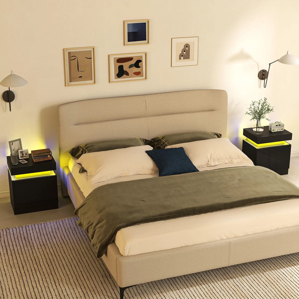 HOMCOM Set 2 Noptiere cu LED și 4 Moduri, 2 Sertare, Lemn, 45x35x52 cm, Negru Lucios | Aosom Romania