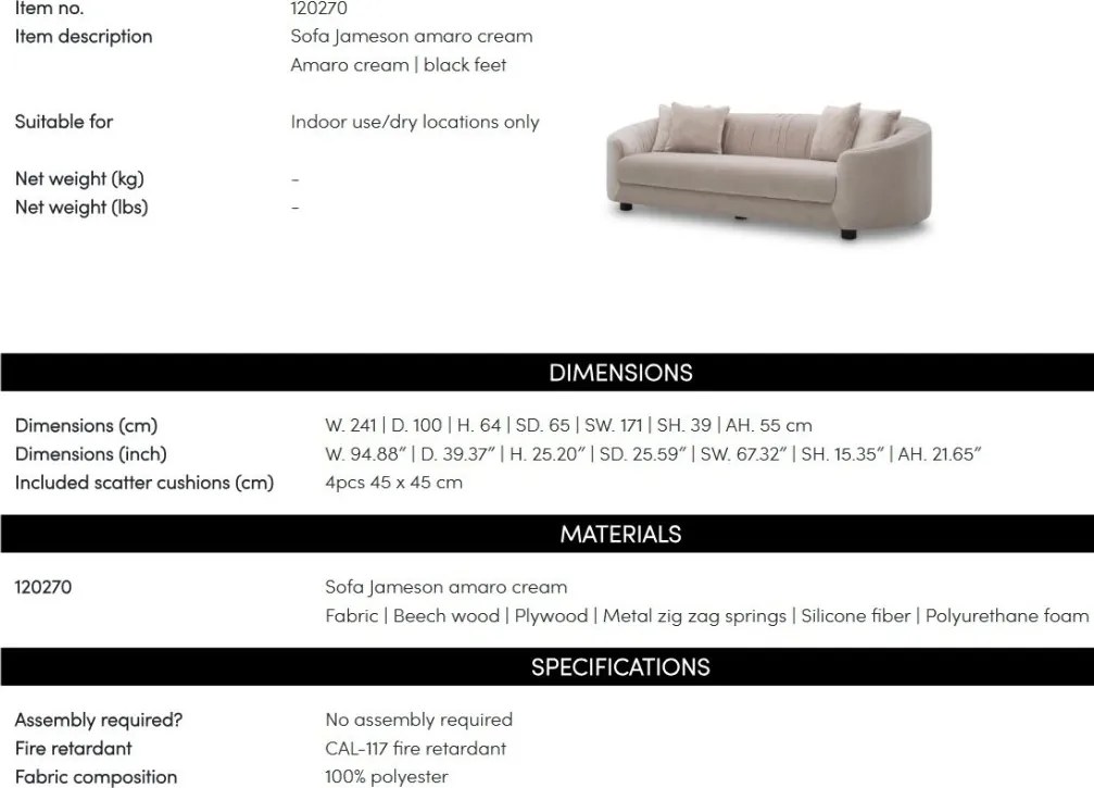 Canapea moderna LUX Jameson, Amaro cream