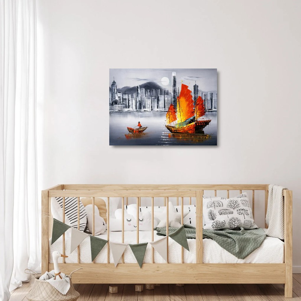 Tablou pe sticlă - Victoria Harbour, Hong Kong, pictură în ulei alb- negru (70x50 cm)
