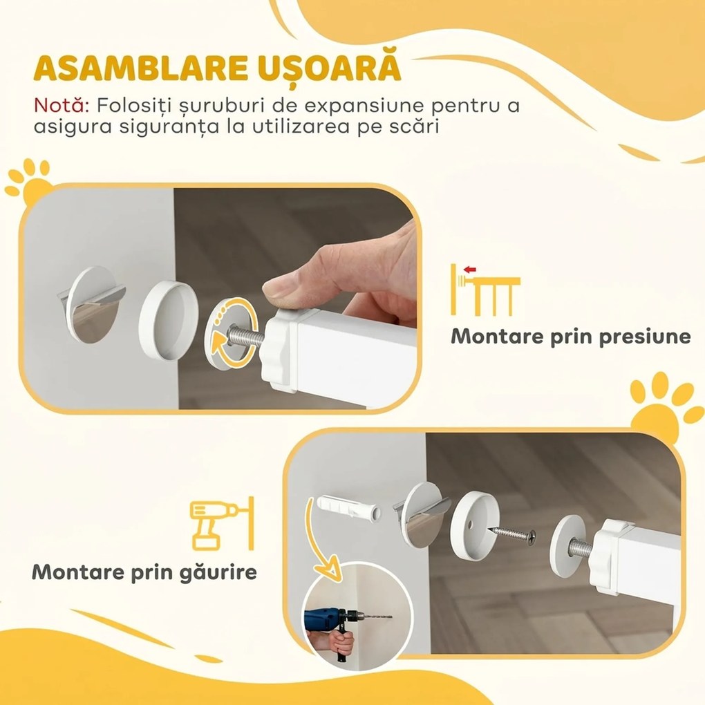 PawHut Poartă de Siguranță pentru Câini din Oțel și ABS, Poartă Extensibilă pentru Câini pentru Scări și Uși, 75-115 cm, Alb