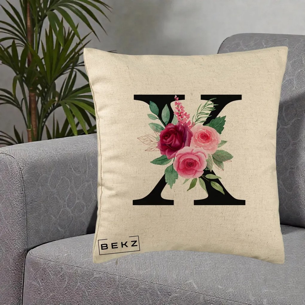 Cadou Personalizat - Perna Personalizata Monograma Florala Litera X cu Buchet, 40x40 cm, Bej, Husa Detasabila, Perna Inclusa, BEKZ®