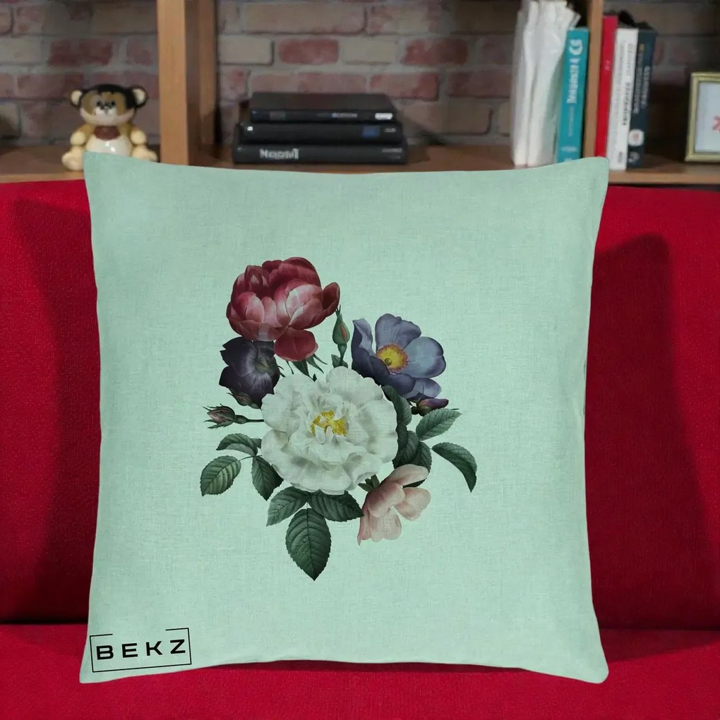 Perna Decorativa Buchet Trandafiri Bujori Botanical, 40x40 cm, Verde Menta, Husa Detasabila, Perna Inclusa, BEKZ®
