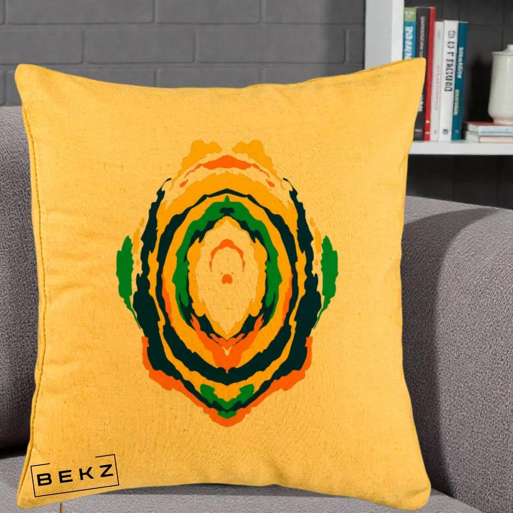 Perna Decorativa Oval Abstract Multicolor, 40x40 cm, Galben, Husa Detasabila, Perna Inclusa, BEKZ®