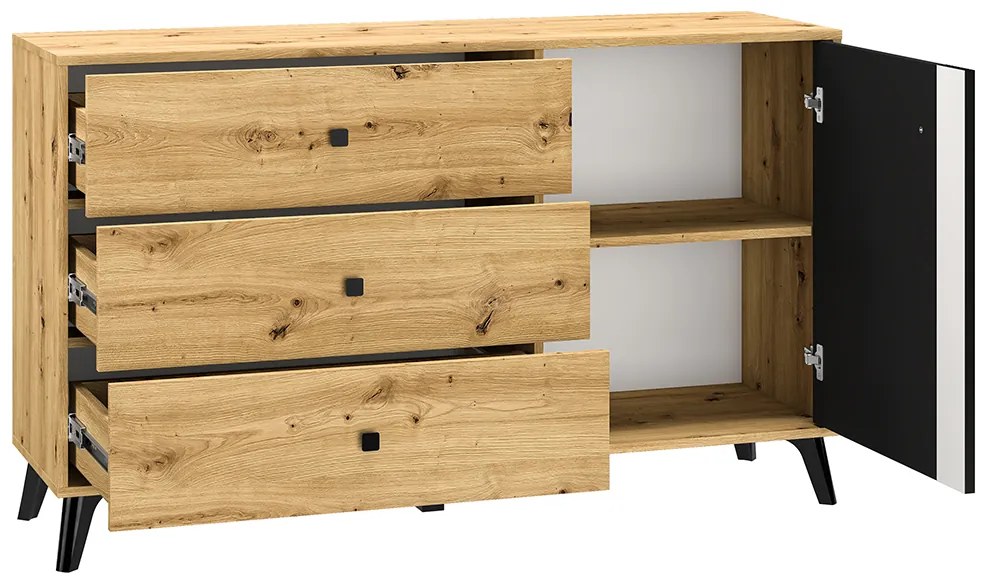 Comoda cu 3 sertare si 1 usa, stejar artisan negru, 138x83x40 cm, modern ,model pe mijloc usa, picioare negre , pentru living , dormitor, hol stejar