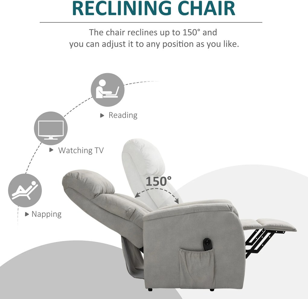 Homcom Fotoliu Electric cu Suport de Ridicare 150° si sistem Recliner pentru Relaxare in Textil, Gri 77x93x110cm