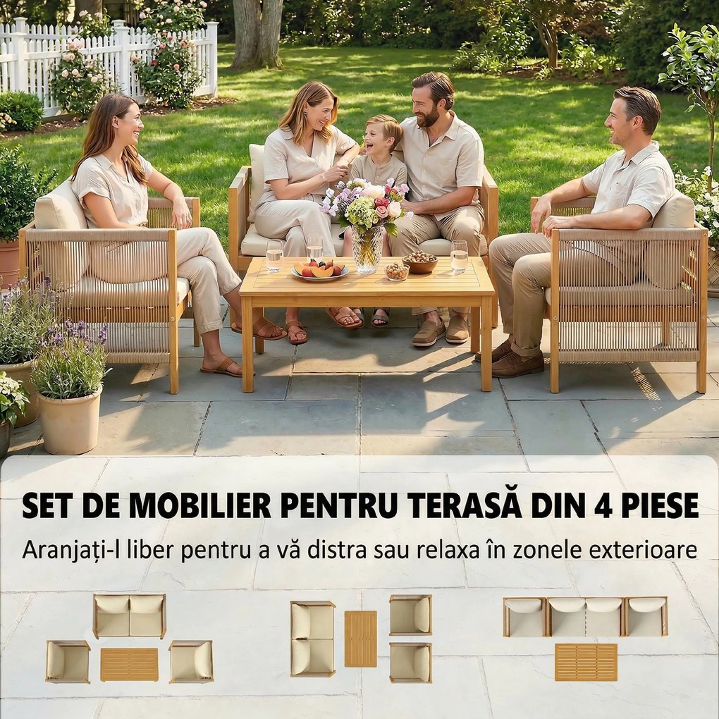 Outsunny Set de Grădină 4 Piese, Lemn de Salcâm, Conversație Terasă cu Perne Bej | Aosom Romania