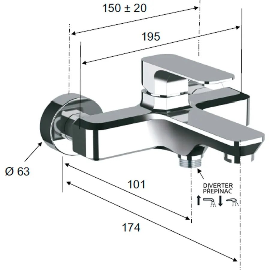 Baterie albă pentru cadă cu montare pe perete (2 ieșiri) Spy – Sapho