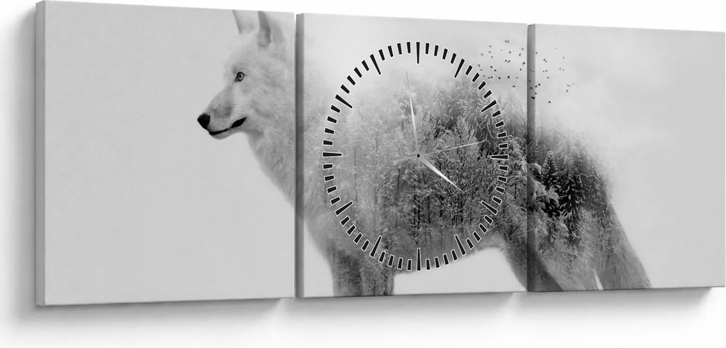 Tablou - Lupul arctic oglindit în peisajul sălbatic, alb-negru (cu ceas) (90x30 cm)