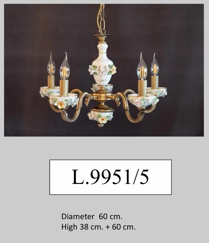 Lustra design italian cu 5 brate din alama si portelan colorat 9951