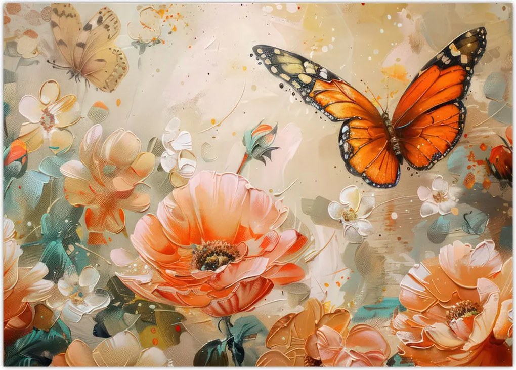 Tablou - Fluture și flori, pictură în ulei (70x50 cm)