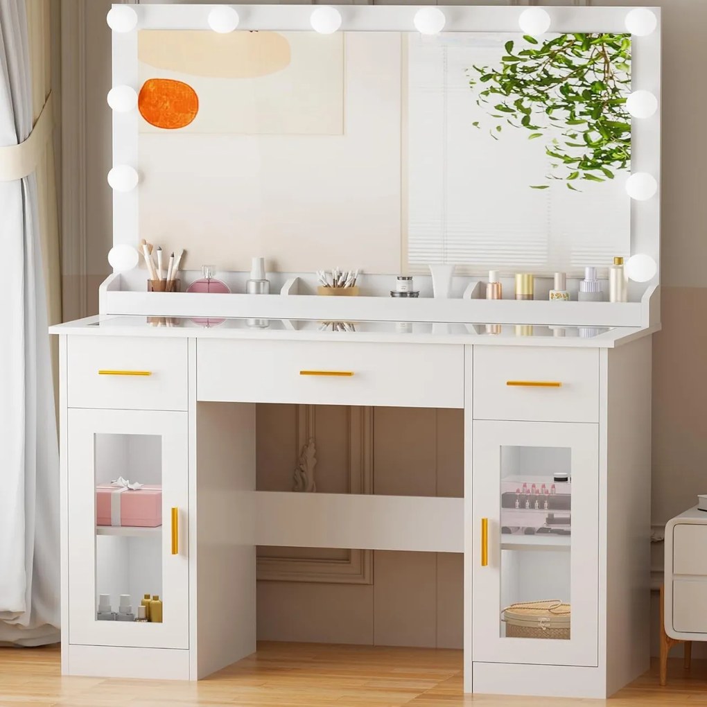 Masuta machiaj cu Oglinda LED si 3 Sertare pentru Cosmetice, Set Masa toaleta 110 cm, Alb, masuta cosmetica, vanity - SEA2