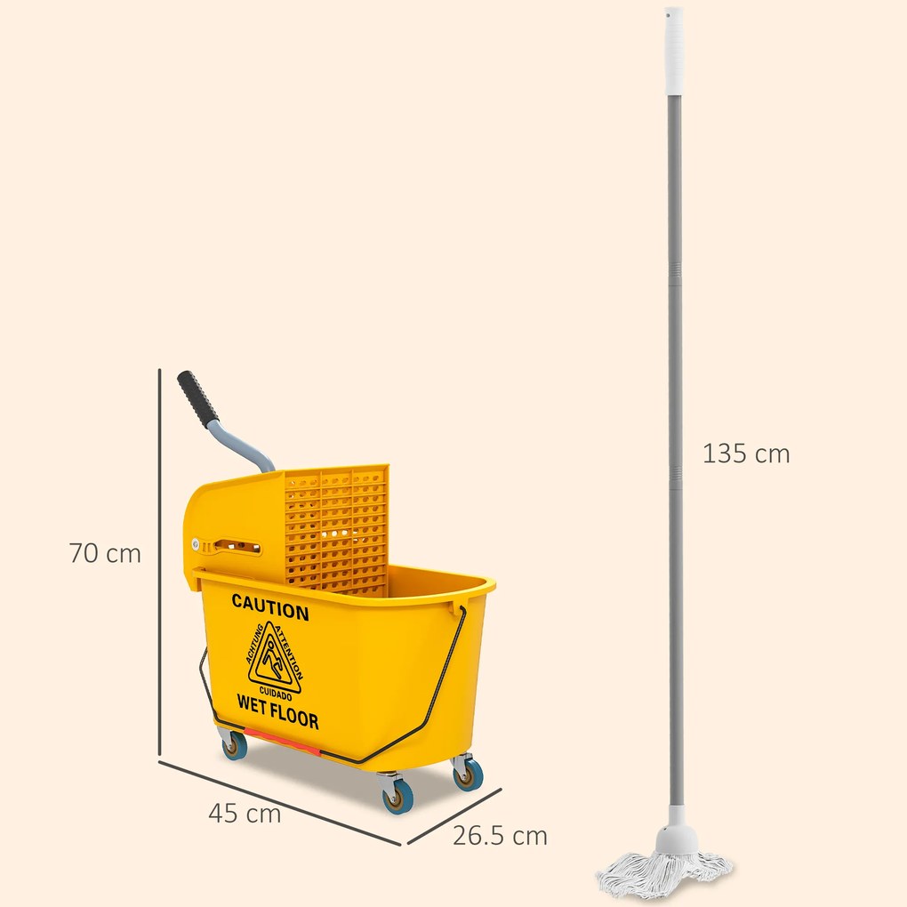 HOMCOM Găleată de spălat pardoseli 20L cu mop, storcător, roți și mâner Galben | Aosom Romania