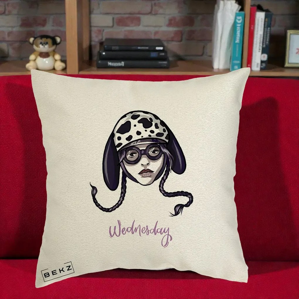 Perna Personalizata Wednesday Addams cu Caine Dalmatian, 40x40 cm, Ecru, Husa Detasabila, Perna Inclusa, BEKZ®