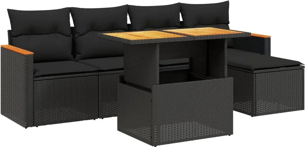 vidaXL Set mobilier de grădină cu perne, 6 piese, negru, poliratan