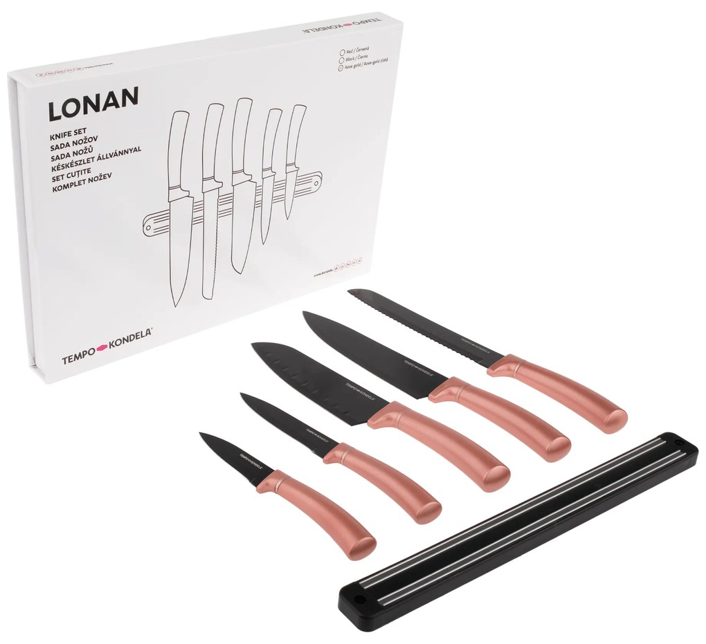 TEMPO-KONDELA LONAN, set de cuţite cu suport magnetic, 6 buc., roz auriu