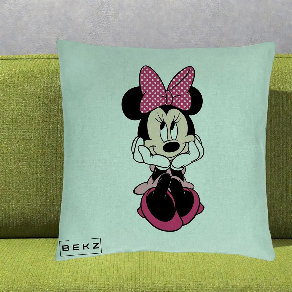 Perna Personalizata Minnie Mouse cu Fundita, 40x40 cm, Verde Menta, Husa Detasabila, Perna Inclusa, BEKZ®