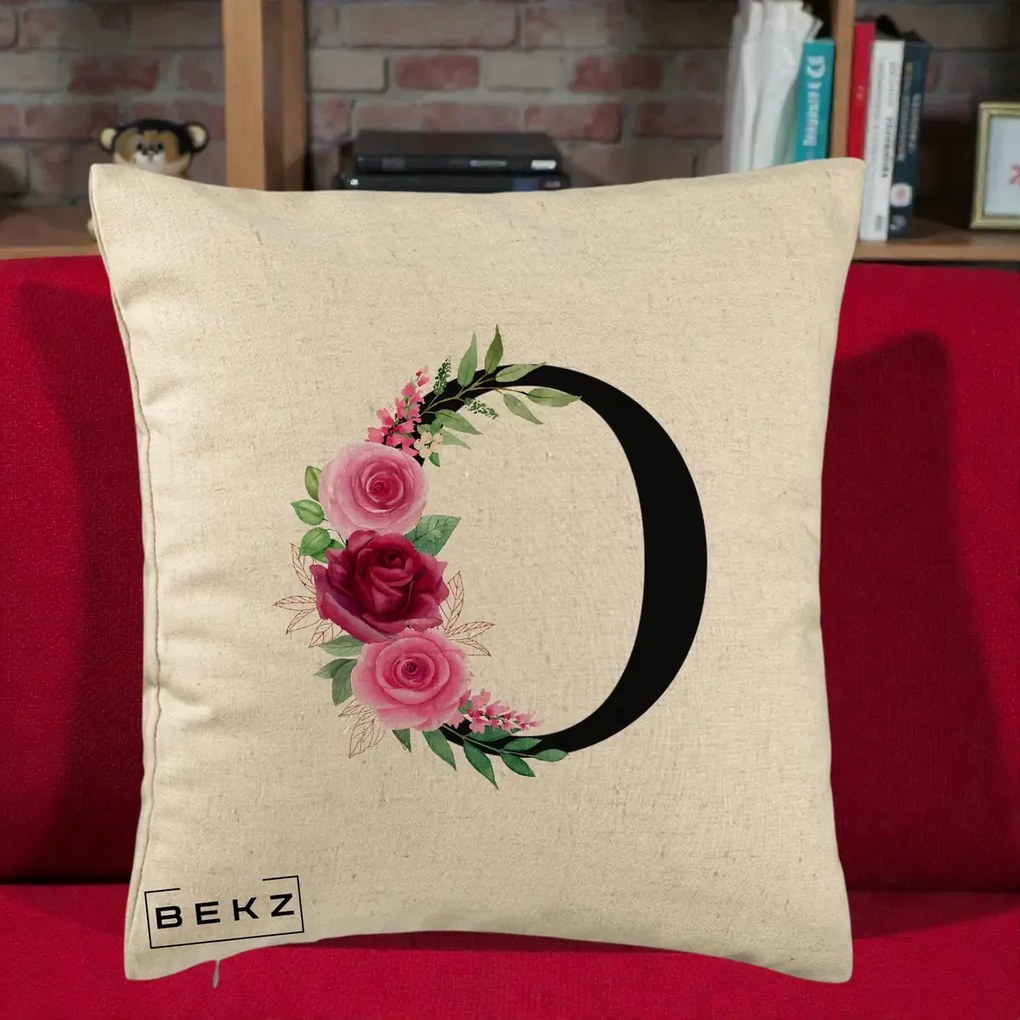 Cadou Personalizat - Perna Personalizata Monograma Florala Litera O, 40x40 cm, Bej, Husa Detasabila, Perna Inclusa, BEKZ®