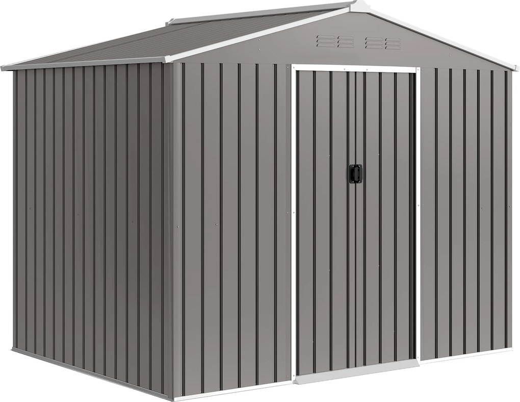 Outsunny Magazie de Grădină 3.6m² din Oțel Galvanizat cu Guri de Ventilație, Magazie de Grădină cu Uși Glisante Duble, Acoperiș Înclinat, Magazie de Unelte cu Mănuși, Gri Deschis | Aosom Romania