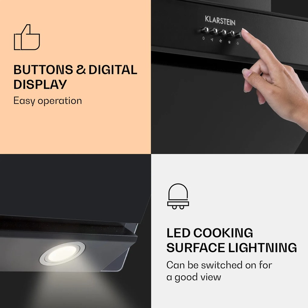 Zola 60, hotă de aburi, spatiu liber deasupra capului, 60 cm, 190 W, 610 m³ / h, LED, neagră