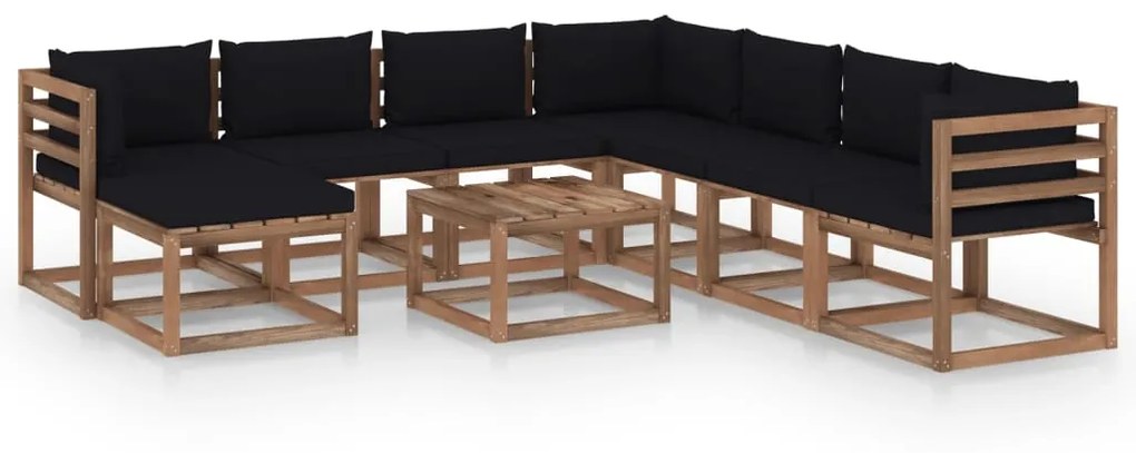 Set mobilier de gradina cu perne negre, 9 piese Negru, 3x colt + 4x mijloc + suport pentru picioare + masa, 1