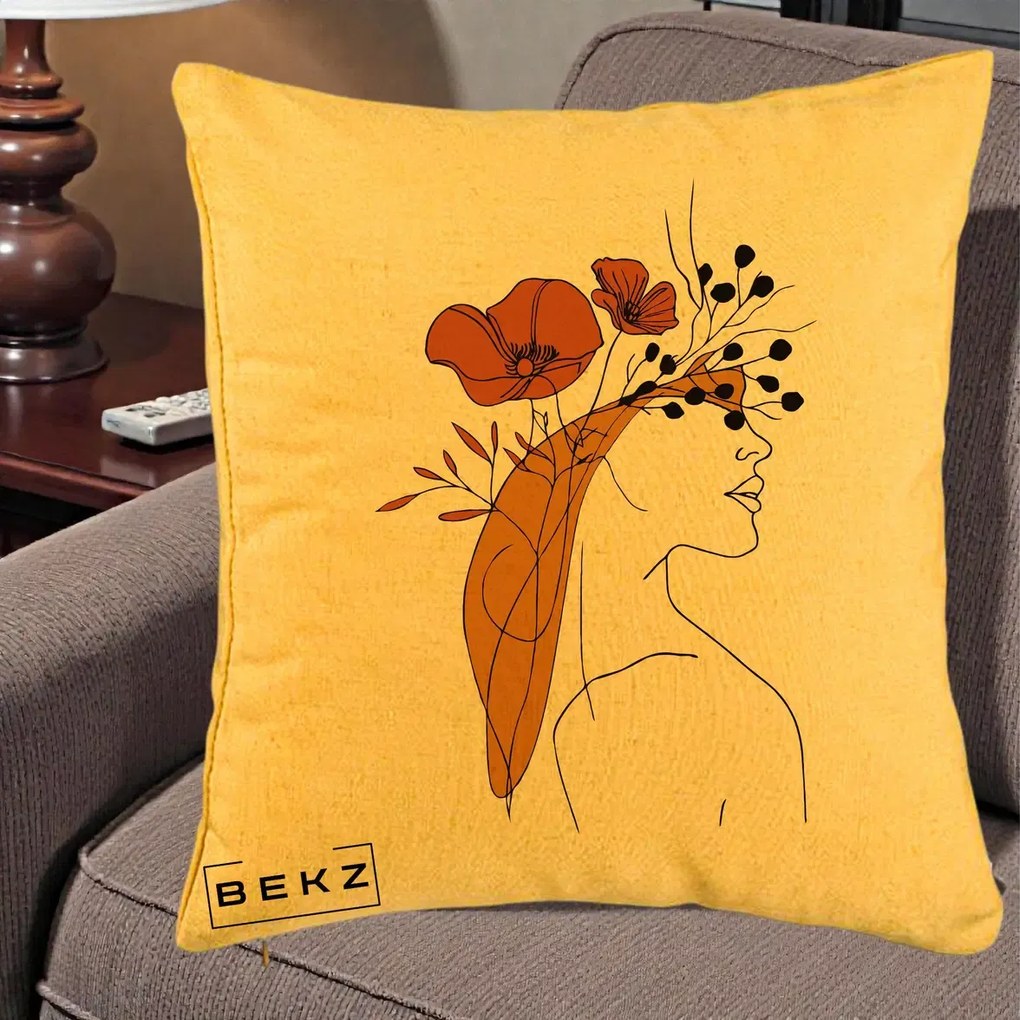 Perna Decorativa Portret Feminin Maci Rosii Auriu, 40x40 cm, Galben, Husa Detasabila, Perna Inclusa, BEKZ®