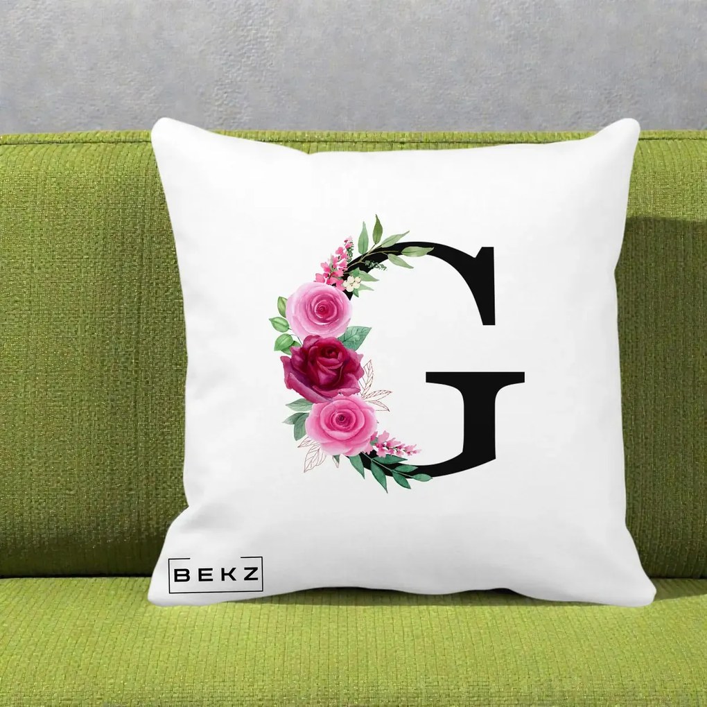 Cadou Personalizat - Perna Personalizata Monograma Florala Litera G, 40x40 cm, Alba Mata, Husa Detasabila, Perna Inclusa, BEKZ®