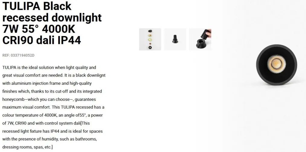 Spot LED incastrabil TULIPA Black recessed downlight 7W 55° 4000K CRI90 dali IP44