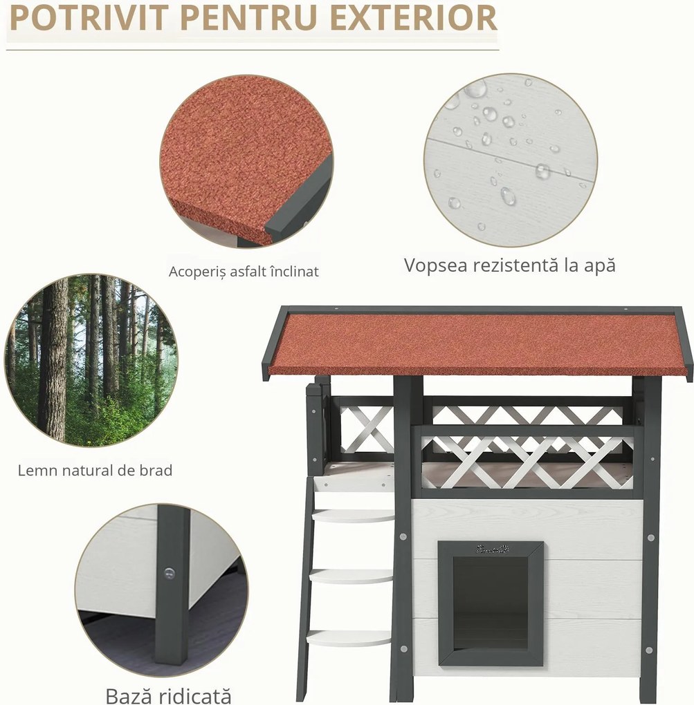 PawHut Căsuță pentru Pisici de Exterior cu Terasa și Scară, Adăpost pentru Pisici și Animale Mici din Lemn, 77x50x73 cm, Alb