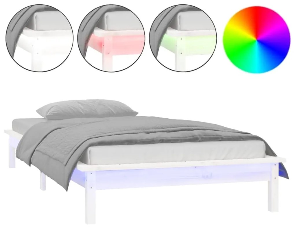 820632 vidaXL Cadru de pat cu LED mic single 2FT6, alb, 75x190 cm, lemn masiv