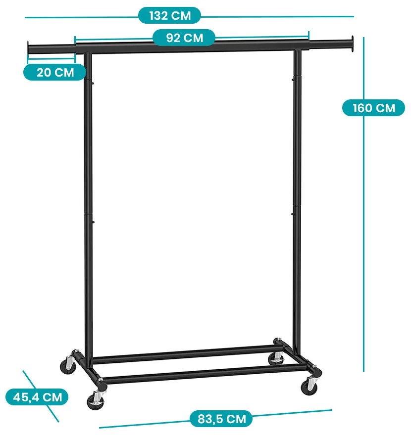 Suport pentru haine reglabil pe înălțime cu roți, negru