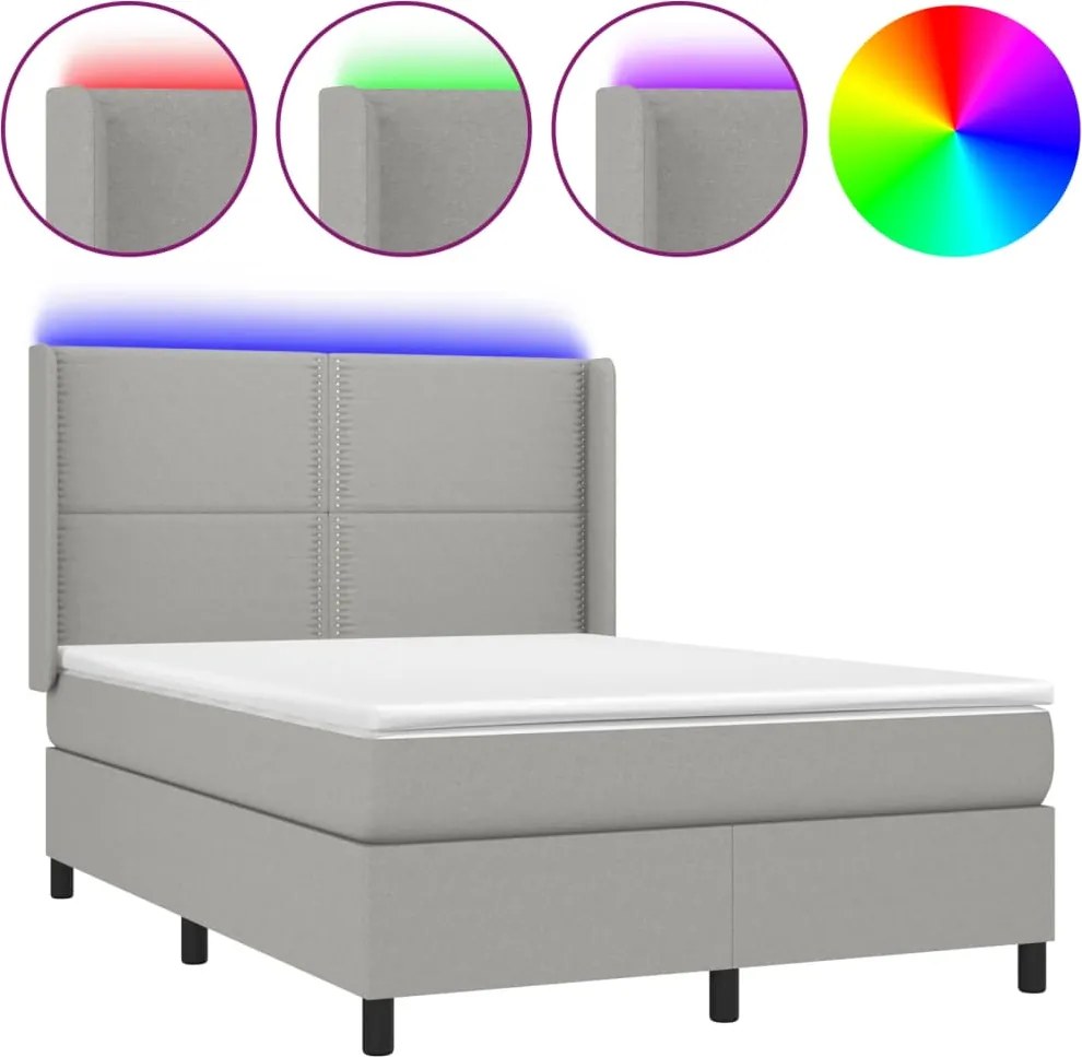 vidaXL Pat cu arcuri, saltea și LED, gri deschis, 140x190 cm, textil