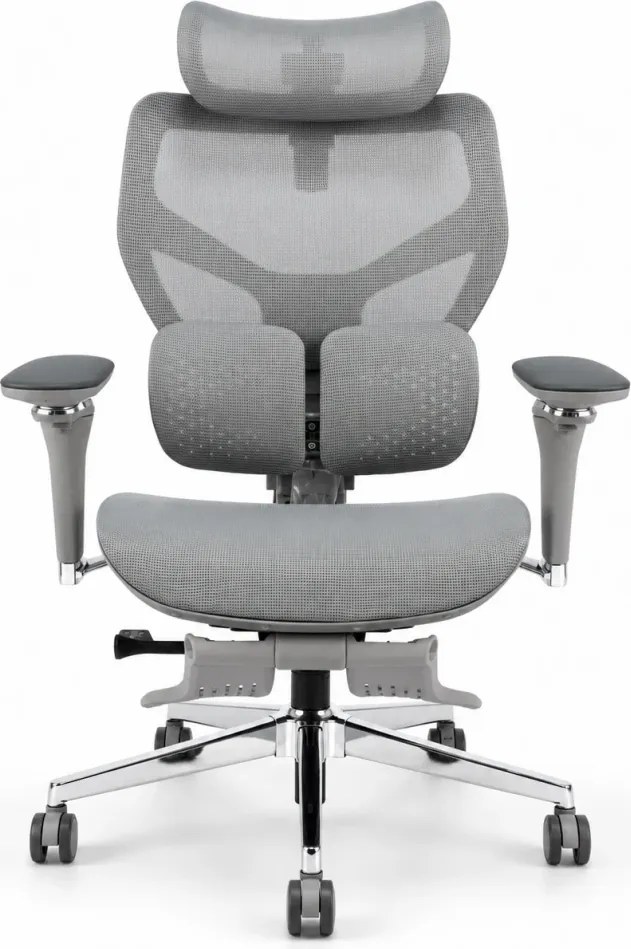 Scaun ergonomic ANEW ARYSE D6, Suport lombar dublu adaptiv 360°, Cotiere 5D, Tetieră 3D, Șezut mesh, Mecanism sensibil la greutate, Bază cromată, Suport pentru picioare, Gri