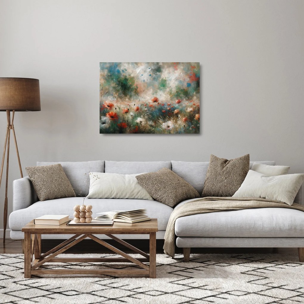 Tablou pe sticlă – Abstracție de câmp cu maci (70x50 cm)
