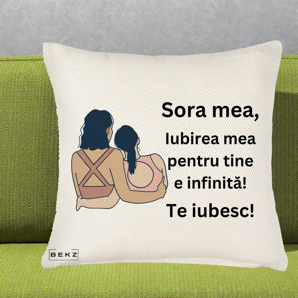Cadou pentru Sora - Perna Personalizata Sora Mea Te Iubesc Doua Fete Fashioniste Line Art, 40x40 cm, Crem Reliefat, Husa Detasabila, Perna Inclusa, BEKZ®