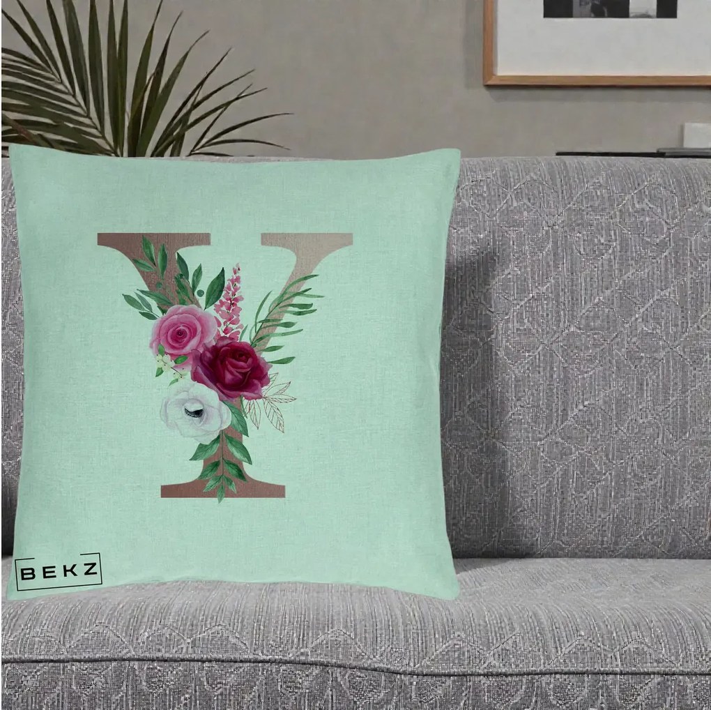 Cadou Personalizat - Perna Personalizata Monograma Rose Gold Litera Y, 40x40 cm, Verde Menta, Husa Detasabila, Perna Inclusa, BEKZ®