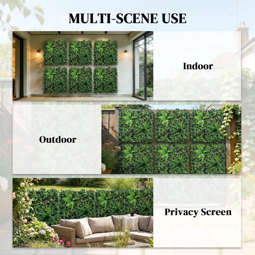 Outsunny Set de 6 Garduri Vii Artificiale pentru Ascundere Grădină 50x50 cm Tip Milano Montaj Ușor Anti-UV pentru Terasă Balcon Verde | Aosom Romania