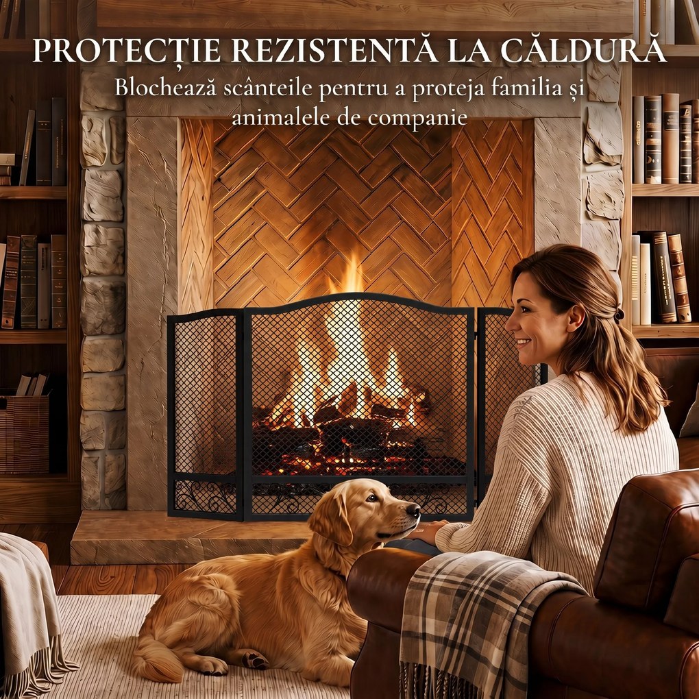 HOMCOM Parascântei pentru Șemineu, 3 Panouri, Metal Vopsit Electrostatic, Gata de Utilizare, 107 x 1 x 60 cm, Negru | Aosom Romania