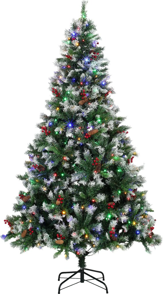 HOMCOM Brad de Crăciun Înăzăpezit 180 cm cu 250 LED-uri 11 Moduri Telecomandă 840 Vârfuri 34 Conuri și 34 Bobițe Verde | Aosom Romania
