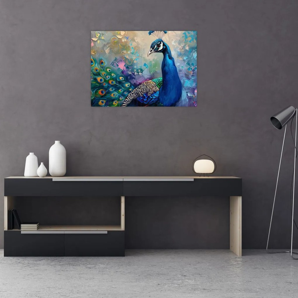Tablou pe sticlă - Pictura de un păun (70x50 cm)