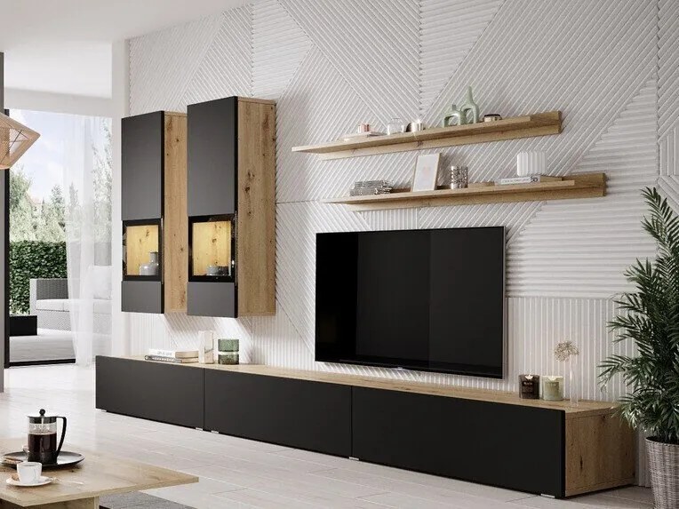 Mobilă pentru sufragerie Austin AS100Negru mat, Stejar Artisan, Cu comodă tv, Cu componente suplimentare, Părți separate, PAL laminat, Sticlă călită, 270x41cm