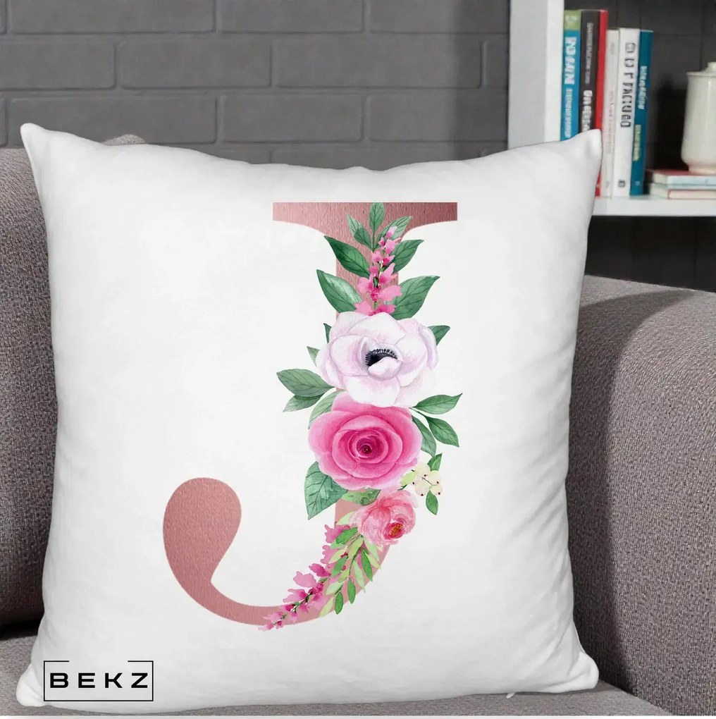 Cadou Personalizat - Perna Personalizata Monograma Rose Gold Litera J, 40x40 cm, Alb Pufos, Husa Detasabila, Perna Inclusa, BEKZ®