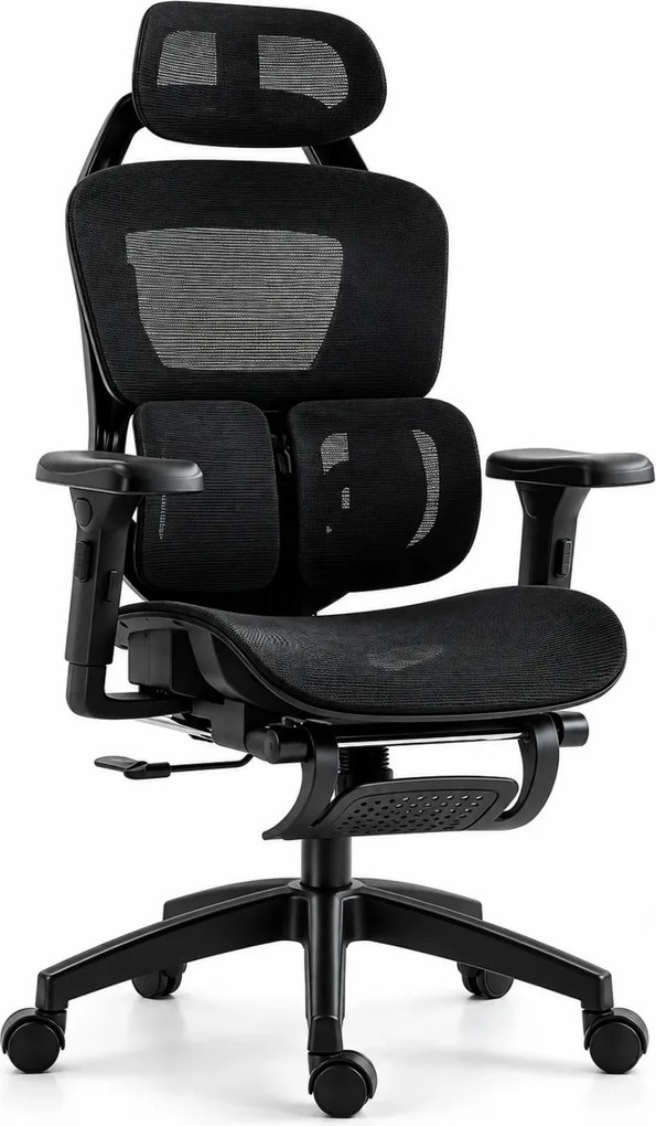 DOWINX H09 - Scaun Ergonomic, Suport lombar dublu reglabil, Tetieră 3D, Cotiere 3D, Înclinare 90°–135°, Suport picioare retractabil, Mesh, Negru