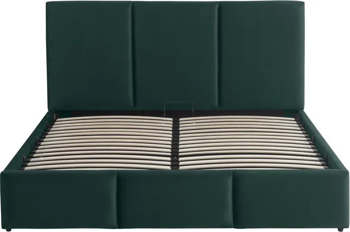 Pat tapitat Houston, 160x200 cm, somiera rabatabila, spatiu depozitare, verde inchis