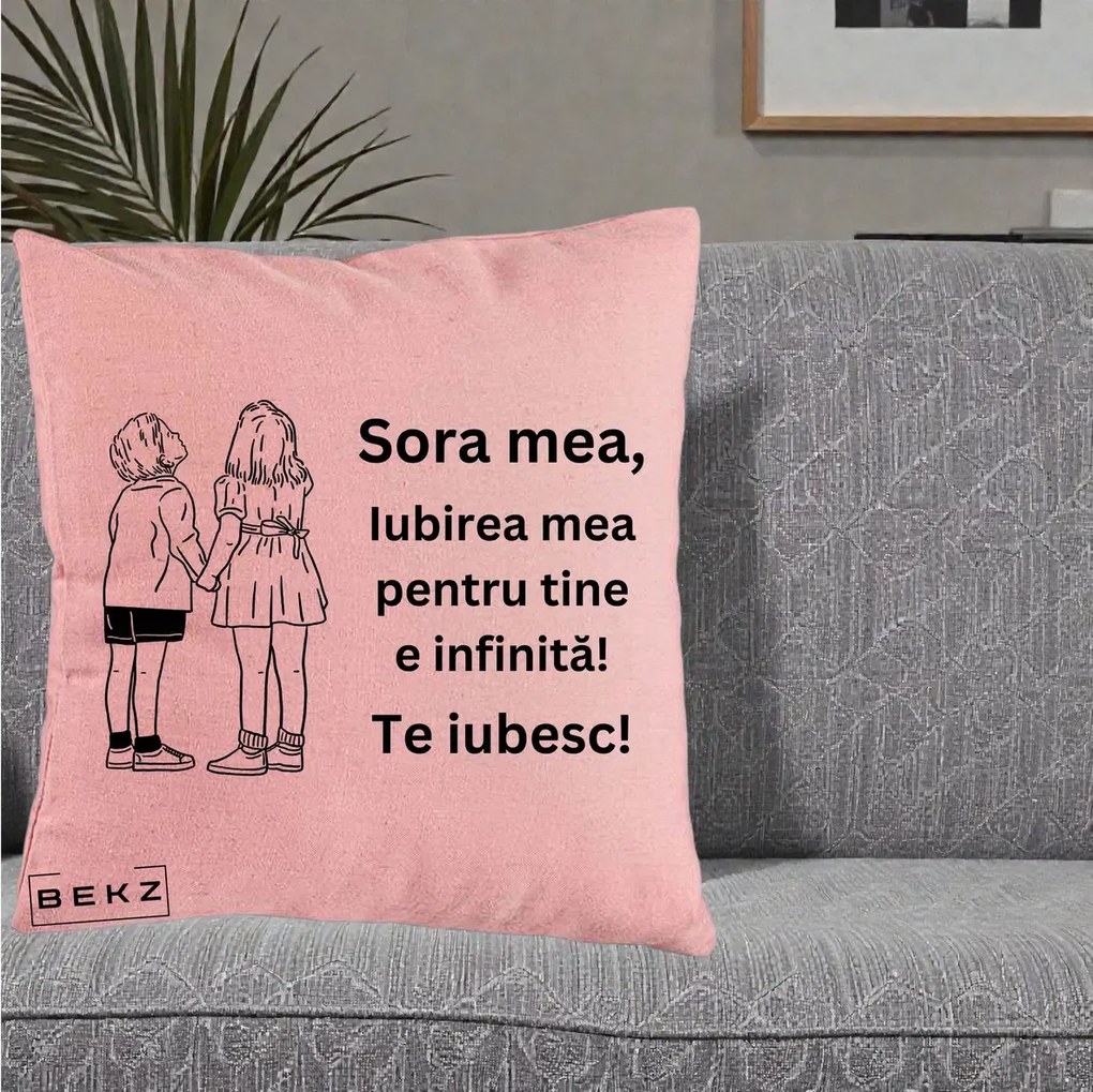 Cadou pentru Sora - Perna Personalizata Sora Mea Te Iubesc Copii Tinand Maini Line Art, 40x40 cm, Roz, Husa Detasabila, Perna Inclusa, BEKZ®