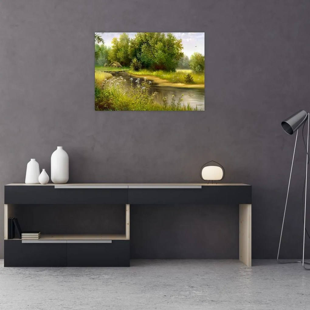 Tablou pe sticlă - Râu lângă pădure, pictură în ulei (70x50 cm)