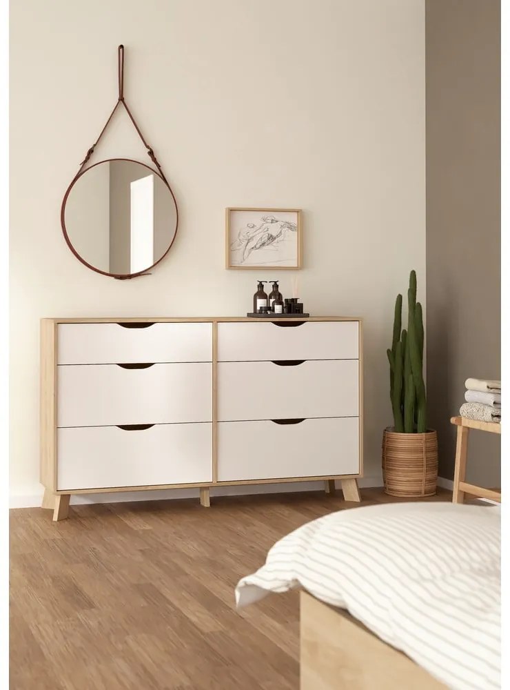 Comodă albă-în culoare naturală cu aspect de lemn de stejar 156x92x40 cm Ikast – Tvilum